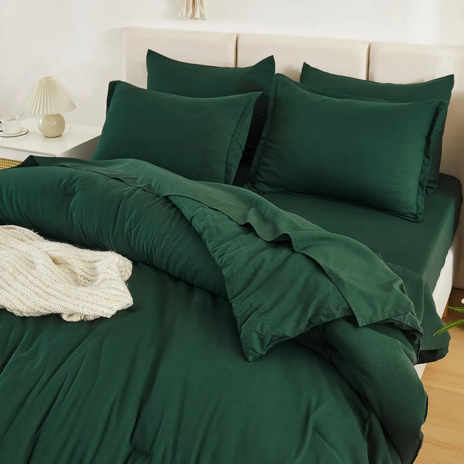 Litanika Queen Comforter Set Dark Emerald Green - 7 Pieces Bed in a Bag Queen Beddding Comforter Sets, Solid Lightweight Bed Set with Comforter, Sheets, Pillowcases & Shams