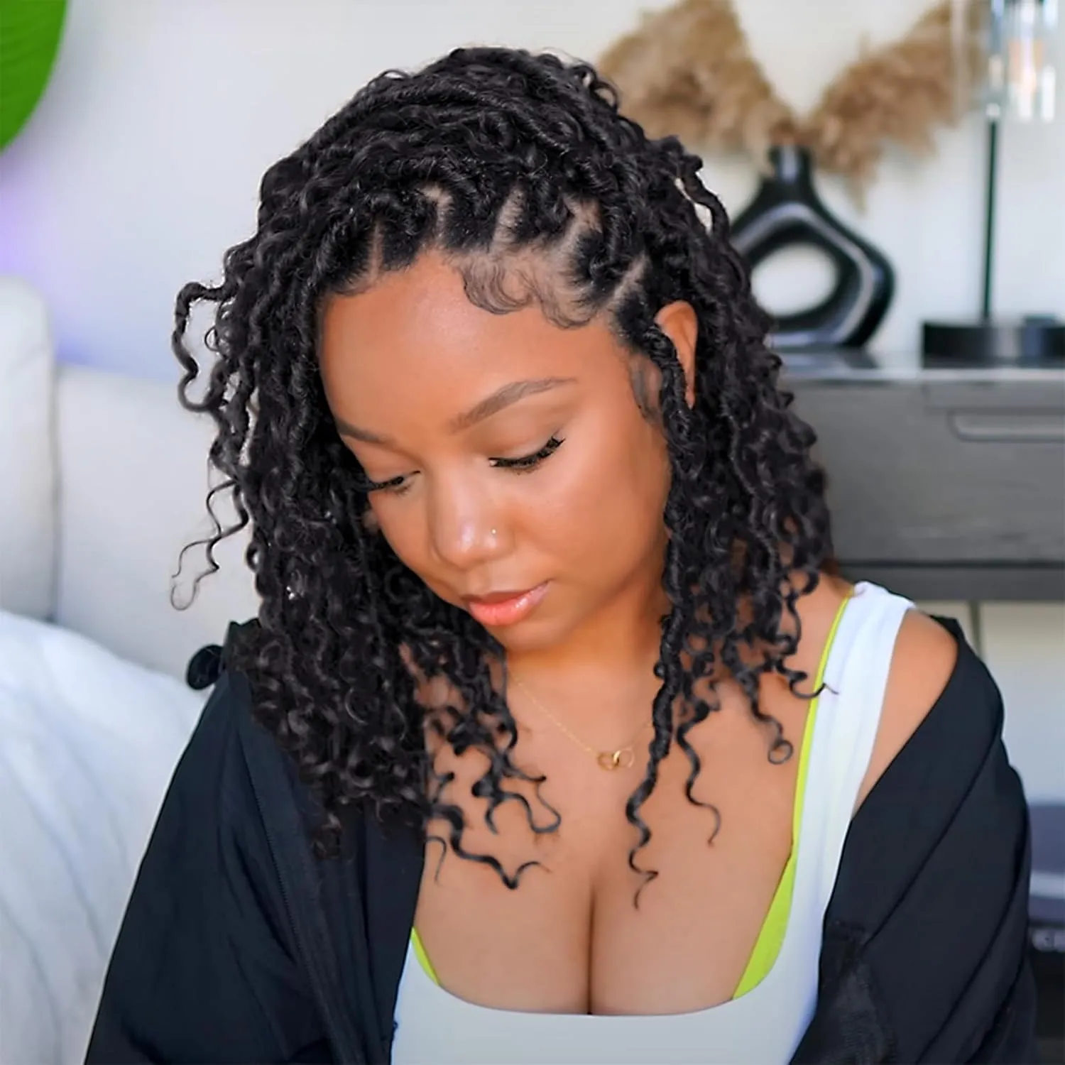 LIYATE Goddess Locs Crochet Hair 10 Inch 6 Packs Faux Locs Crochet Hair for Kids Pre Looped Soft River Locs Crochet Braids with Curly Hair Boho Hippie Locs Synthetic Hair Extensions(Black 1B)