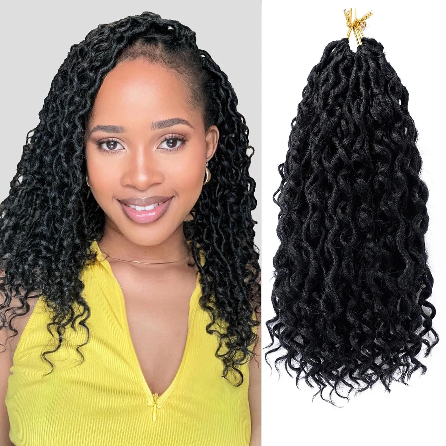 LIYATE Goddess Locs Crochet Hair 10 Inch 6 Packs Faux Locs Crochet Hair for Kids Pre Looped Soft River Locs Crochet Braids with Curly Hair Boho Hippie Locs Synthetic Hair Extensions(Black 1B)