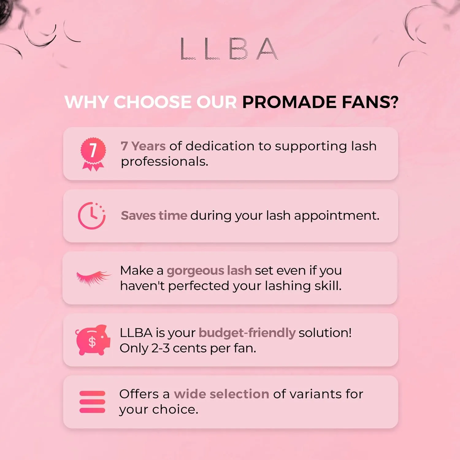 LLBA Promade Fans | Handmade Volume Eyelashes | Multi Selections From 3D To 16D | C CC D DD L M Curl | Thickness 0.03 ~ 0.1 mm | 8 - 20mm Length | Long Lasting | Easy Application (6D-0.07 D 12 mm)