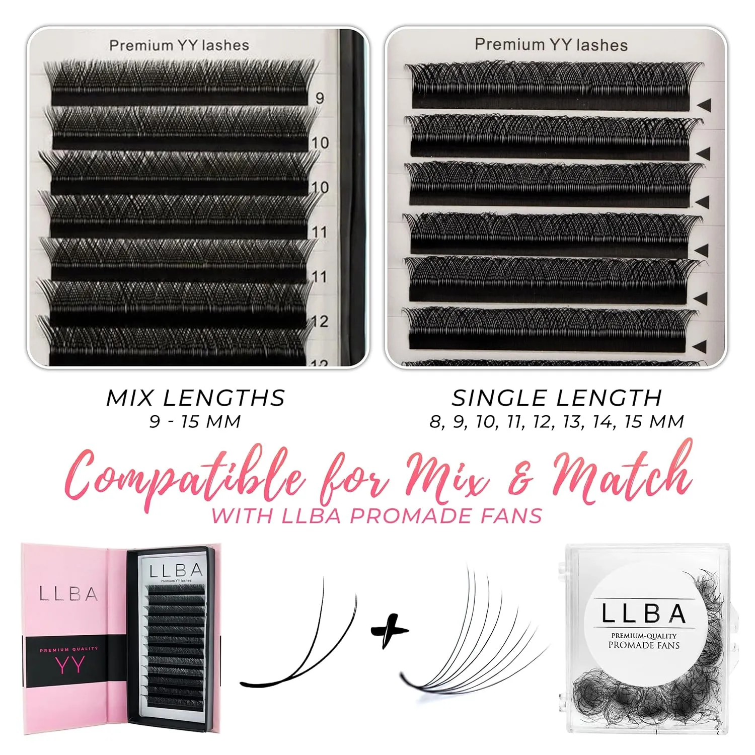 LLBA YY Eyelashes Extensions - 2D Fans Volume Eyelashes | C CC D Curl | Thickness 0.05~0.07mm | 8-15mm Length Mixed Tray | Full Fluffy Volume Look | Long Lasting & Easy Application (YY, 0.07 C 11mm)