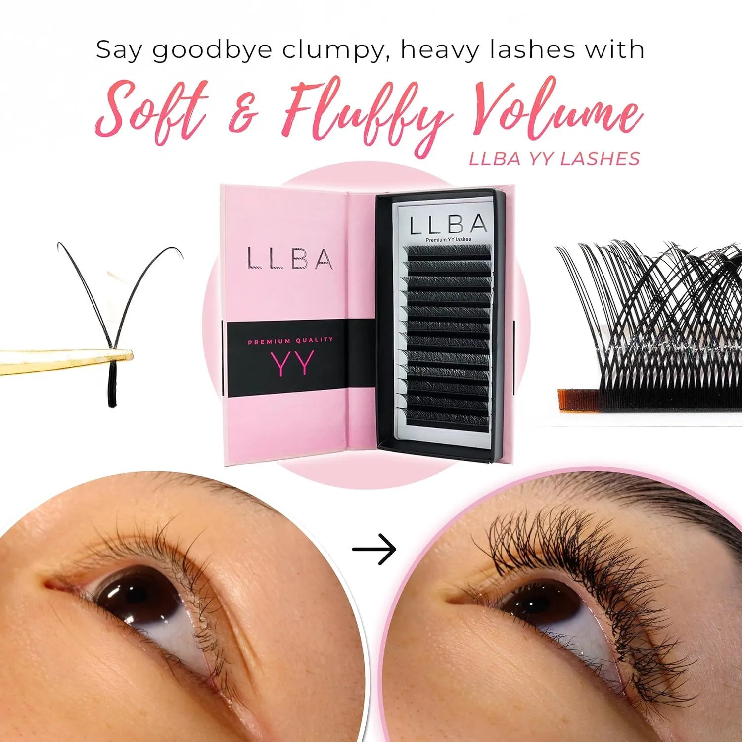 LLBA YY Eyelashes Extensions - 2D Fans Volume Eyelashes | C CC D Curl | Thickness 0.05~0.07mm | 8-15mm Length Mixed Tray | Full Fluffy Volume Look | Long Lasting & Easy Application (YY, 0.07 C 11mm)