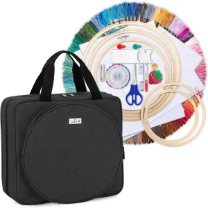 LoDrid Embroidery Kit, Embroidery Project Bag with Embroidery Kit, Portable Craft Carry Case with Starter Kit, Embroidery Supplies Storage Bag and Cross Stitch Kits for Beginners, Adults, Black