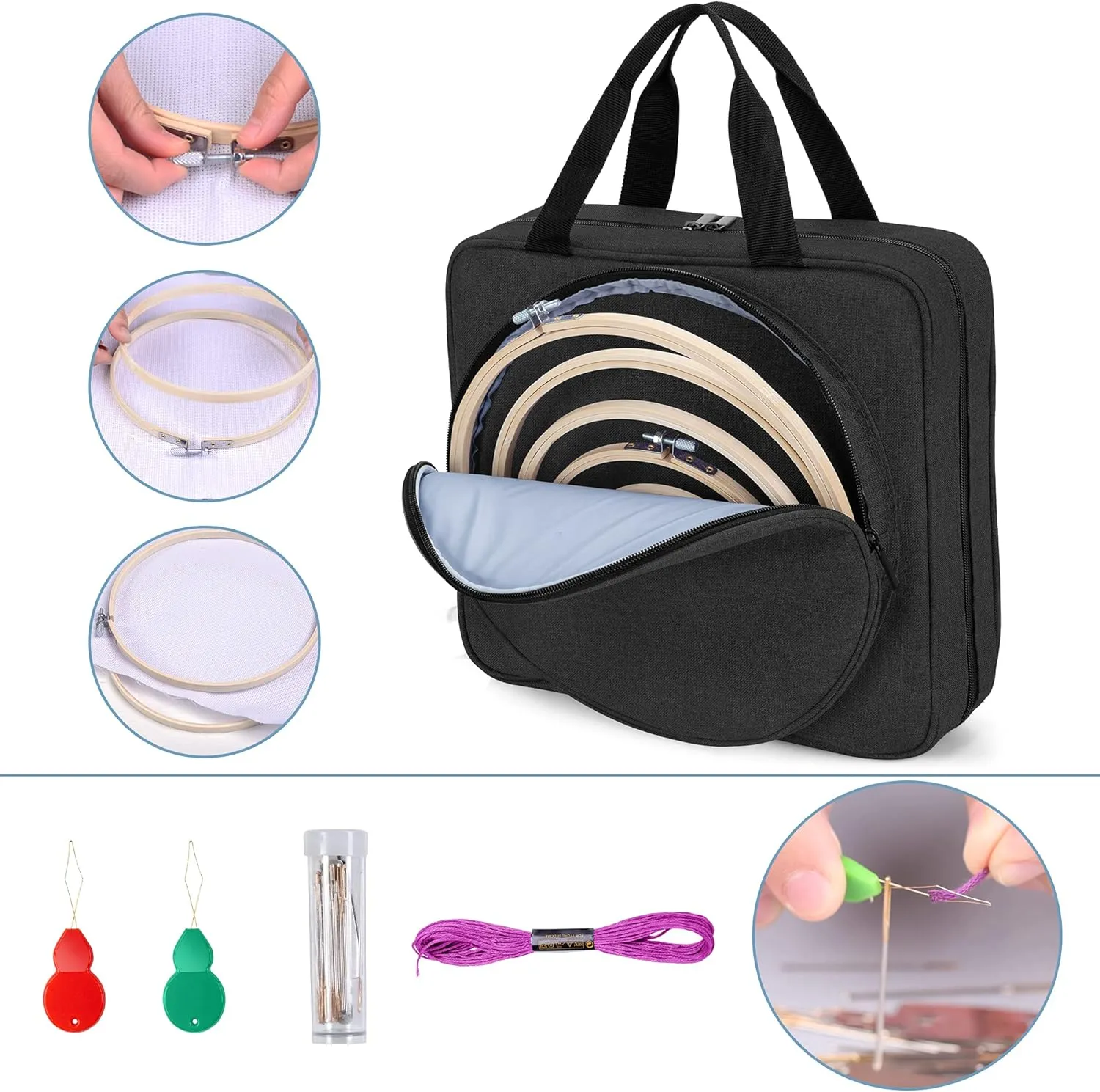 LoDrid Embroidery Kit, Embroidery Project Bag with Embroidery Kit, Portable Craft Carry Case with Starter Kit, Embroidery Supplies Storage Bag and Cross Stitch Kits for Beginners, Adults, Black