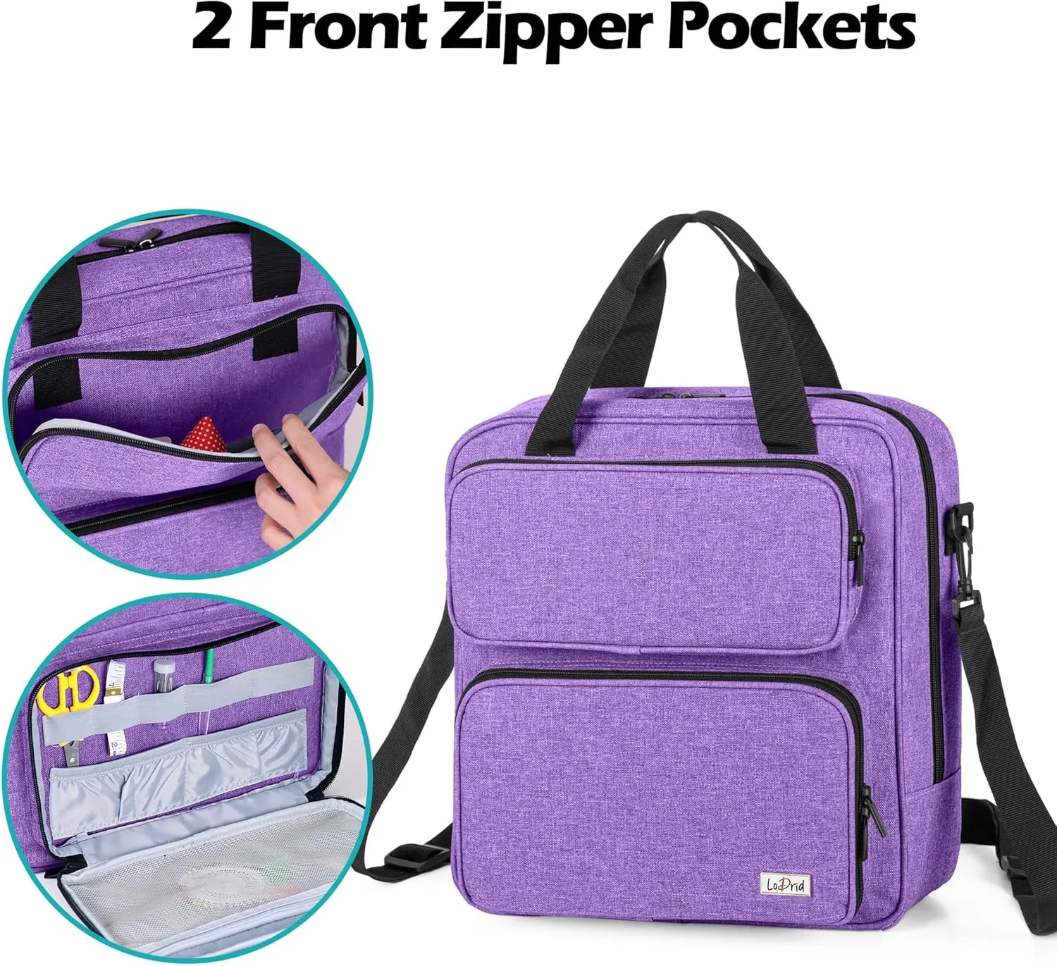 LoDrid Embroidery Storage Bag, Embroidery Project Carry Case, Portable Bag for Embroidery Kit, Craft Supplies & Cross Stitch Kits Tools, with Handles and Shoulder Strap, Purple, Bag Only