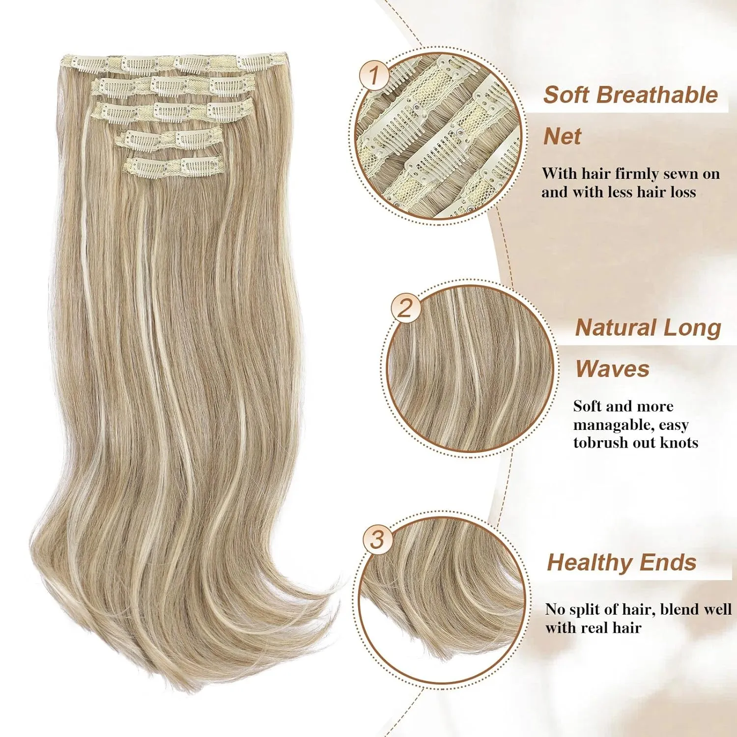 Lommel Clip-in Hair Extensions, 5PCS Bleach Blonde 20 Inch Synthetic Thick Long Straight Layered Hair Extensions - Invisible Lace Weft