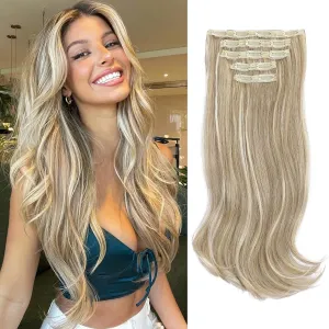 Lommel Clip-in Hair Extensions, 5PCS Bleach Blonde 20 Inch Synthetic Thick Long Straight Layered Hair Extensions - Invisible Lace Weft