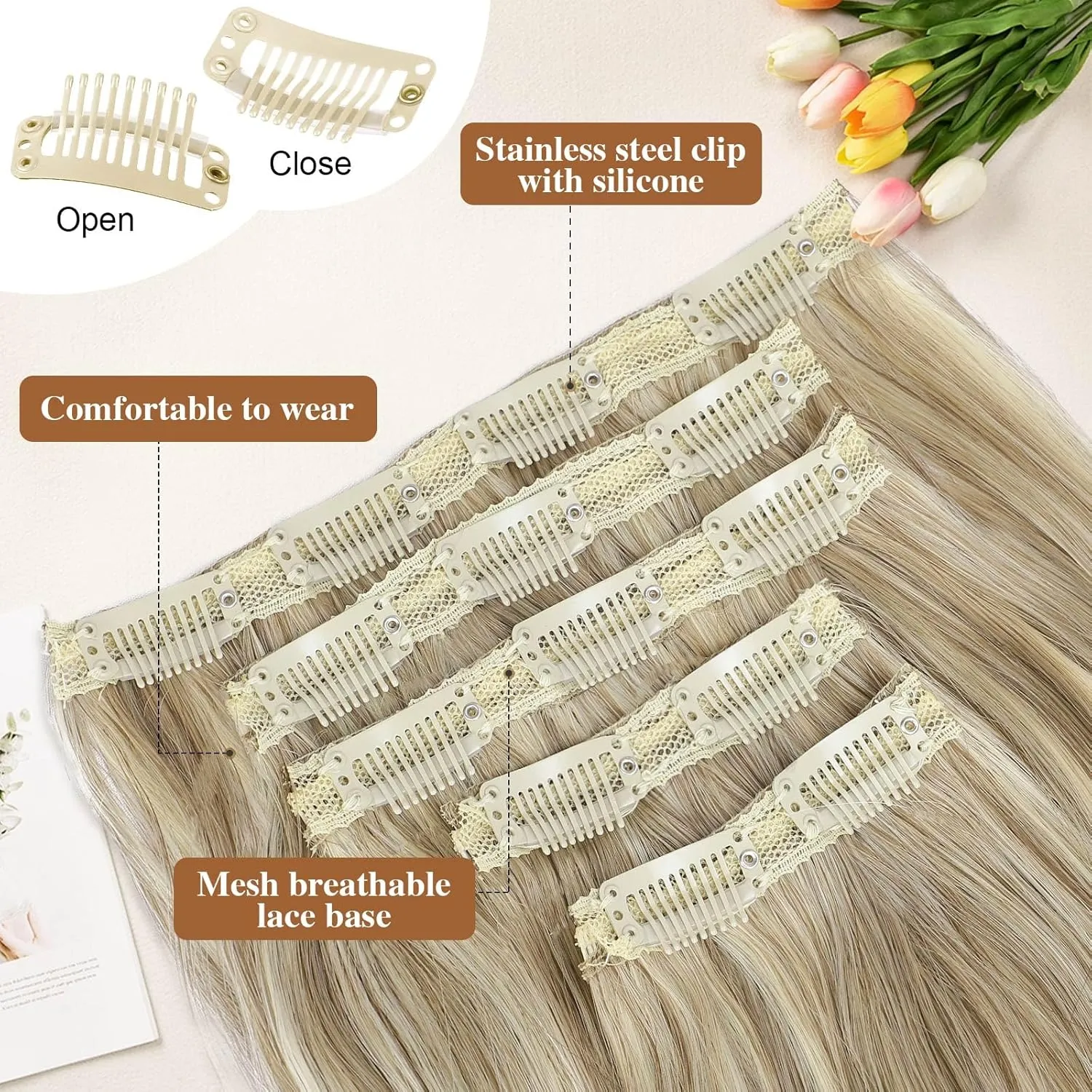 Lommel Clip-in Hair Extensions, 5PCS Bleach Blonde 20 Inch Synthetic Thick Long Straight Layered Hair Extensions - Invisible Lace Weft