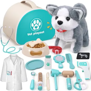 Lorfancy 22 Pcs Kids Doctor Kit Dog Toys Toddlers Wooden Veterinarian Playset Walking Barking Electronic Stuffed Dog Vet Costume Puppy Pet Pretend Play Gifts for Girls Boys 3 4 5 6  Year Old