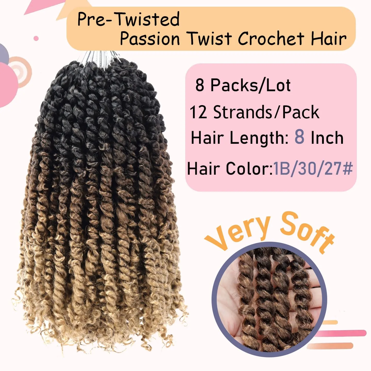 LOSMOEER 8 Packs Passion Twist Crochet Hair 8 Inch Pre-twisted Crochet Passion Twist Hair Pre-looped Crochet Braids Hair for Women Passion Twists Braiding Hair Synthetic Hair Extensions (T1B/30/27#)