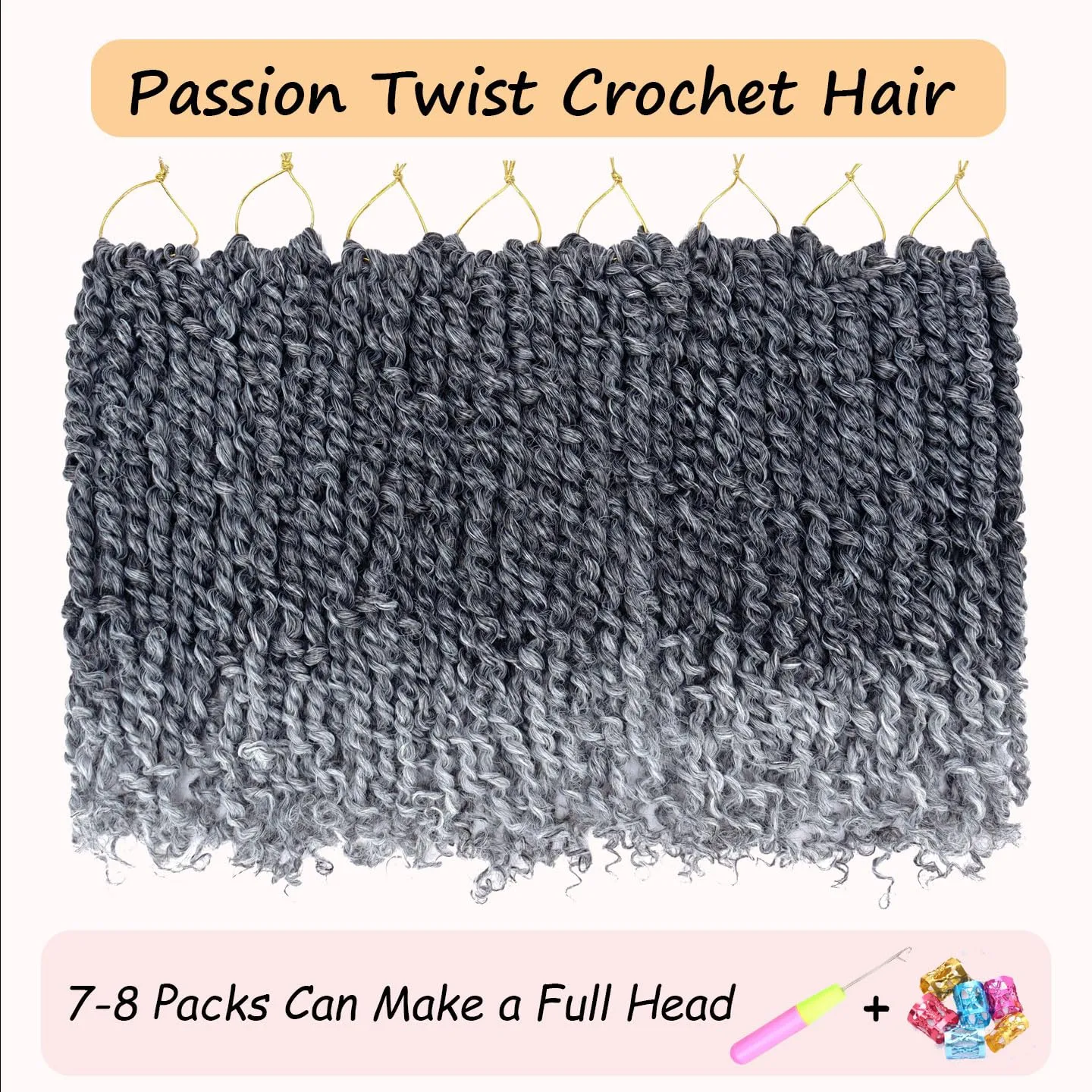 LOSMOEER 8 Packs Passion Twist Hair 10 Inch Ombre Gray Pre-twisted Passion Twist Crochet Hair Grey Pre-looped Crochet Braids for Women Passion Twists Braiding Hair Synthetic Hair Extensions