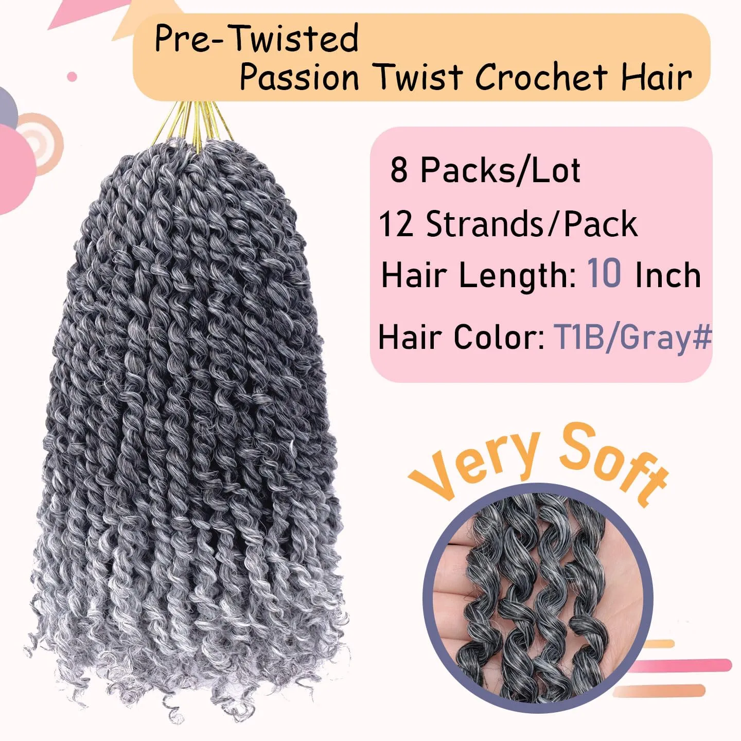 LOSMOEER 8 Packs Passion Twist Hair 10 Inch Ombre Gray Pre-twisted Passion Twist Crochet Hair Grey Pre-looped Crochet Braids for Women Passion Twists Braiding Hair Synthetic Hair Extensions