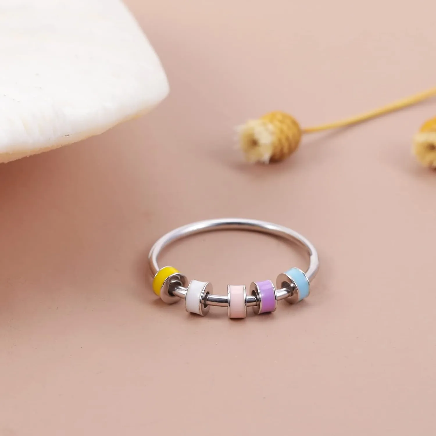 LOVECOM 925 Sterling Silver Fidget Anxiety Ring With Colorful Enamel Beads for Women Stress Relief Spinner Ring Anti Anxiety Rotate Stacking Funny Ring Jewelry Birthday Gifts for Mom Daughter