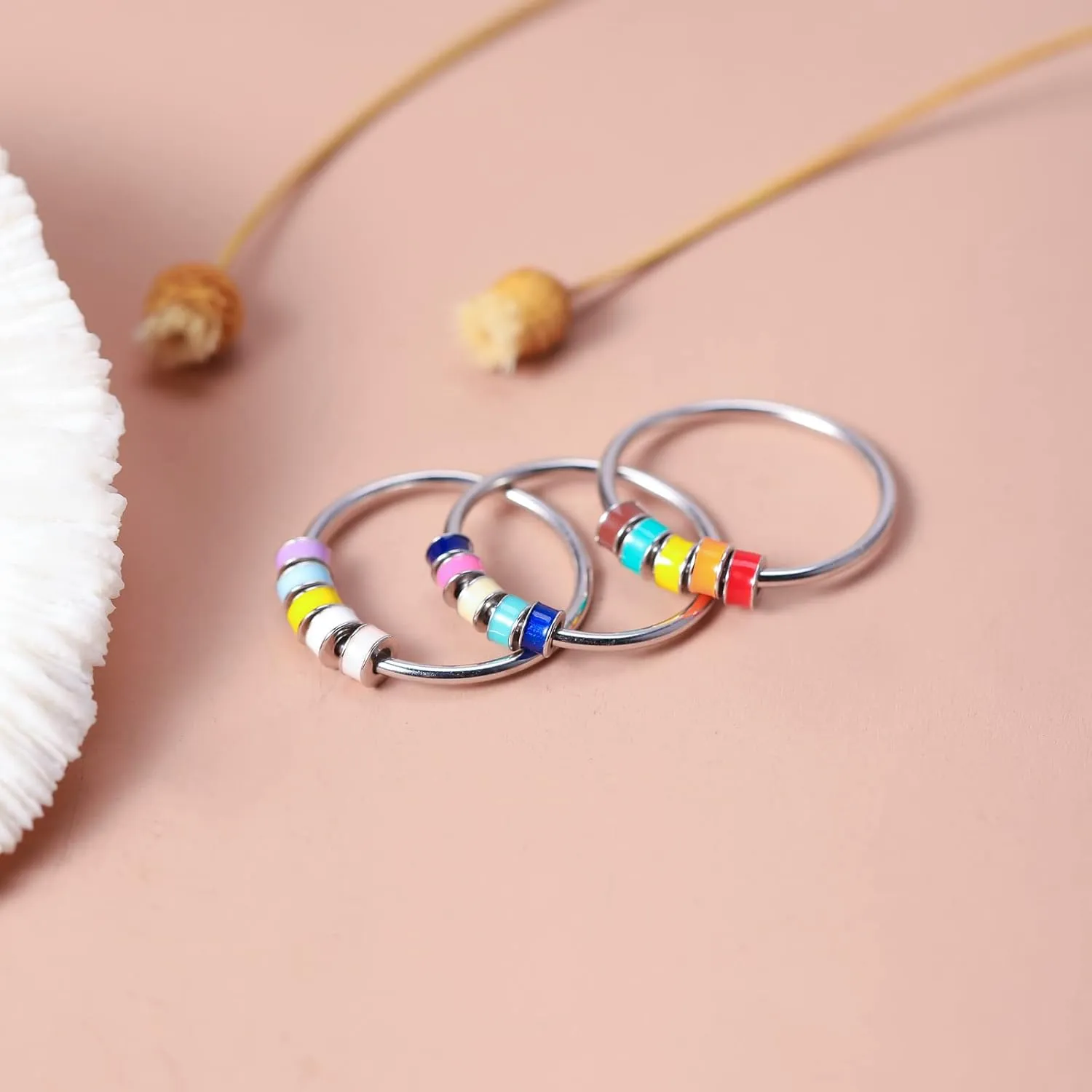 LOVECOM 925 Sterling Silver Fidget Anxiety Ring With Colorful Enamel Beads for Women Stress Relief Spinner Ring Anti Anxiety Rotate Stacking Funny Ring Jewelry Birthday Gifts for Mom Daughter