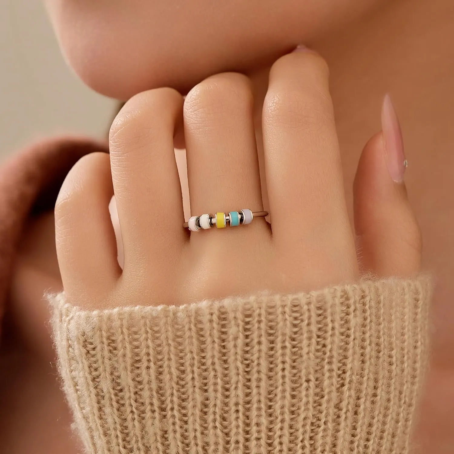 LOVECOM 925 Sterling Silver Fidget Anxiety Ring With Colorful Enamel Beads for Women Stress Relief Spinner Ring Anti Anxiety Rotate Stacking Funny Ring Jewelry Birthday Gifts for Mom Daughter