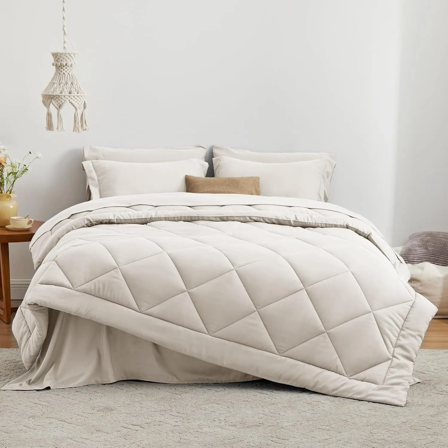 Love's cabin Queen Comforter Set Off White, 7 Pieces Queen Bed in a Bag, All Season Bedding Sets with 1 Comforter, 1 Flat Sheet, 1 Fitted Sheet, 2 Pillowcase and 2 Pillow Sham