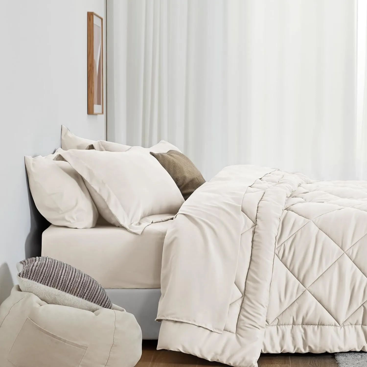 Love's cabin Queen Comforter Set Off White, 7 Pieces Queen Bed in a Bag, All Season Bedding Sets with 1 Comforter, 1 Flat Sheet, 1 Fitted Sheet, 2 Pillowcase and 2 Pillow Sham