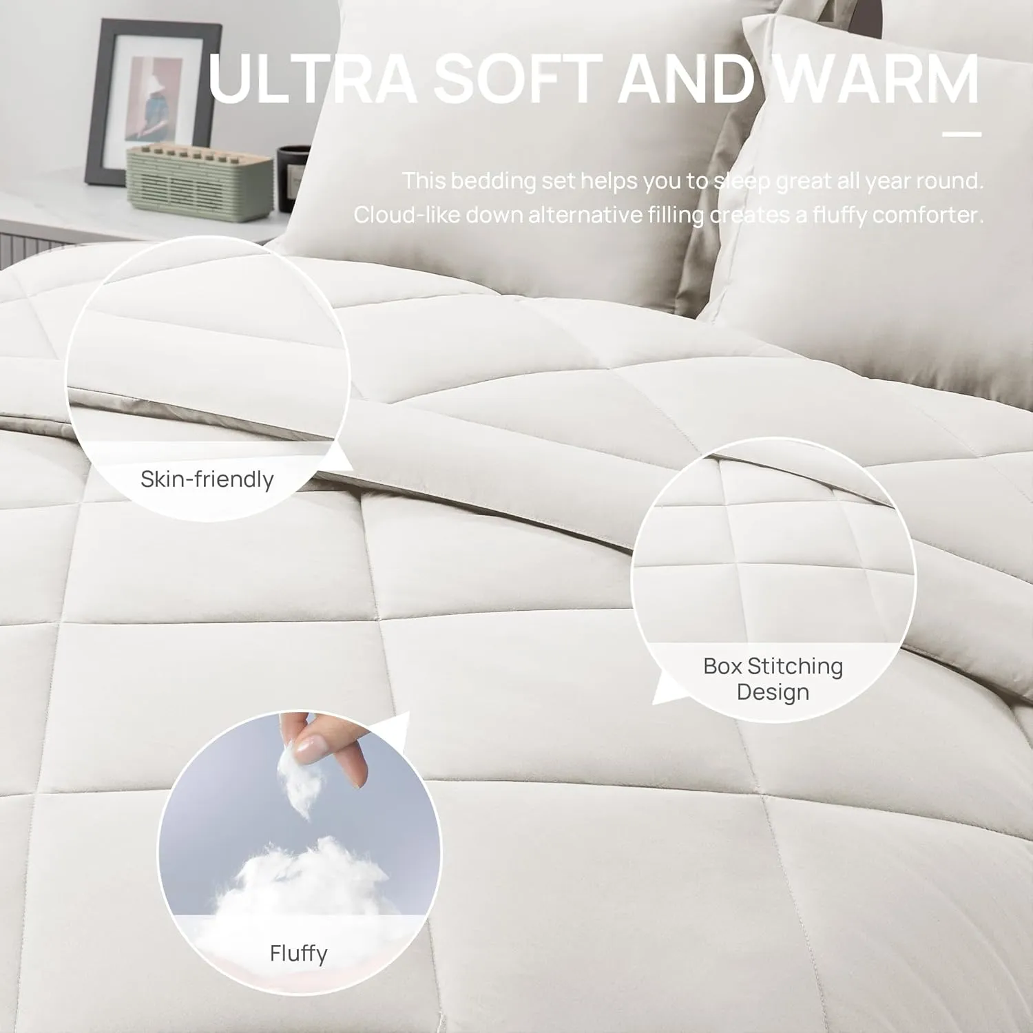 Love's cabin Queen Comforter Set Off White, 7 Pieces Queen Bed in a Bag, All Season Bedding Sets with 1 Comforter, 1 Flat Sheet, 1 Fitted Sheet, 2 Pillowcase and 2 Pillow Sham