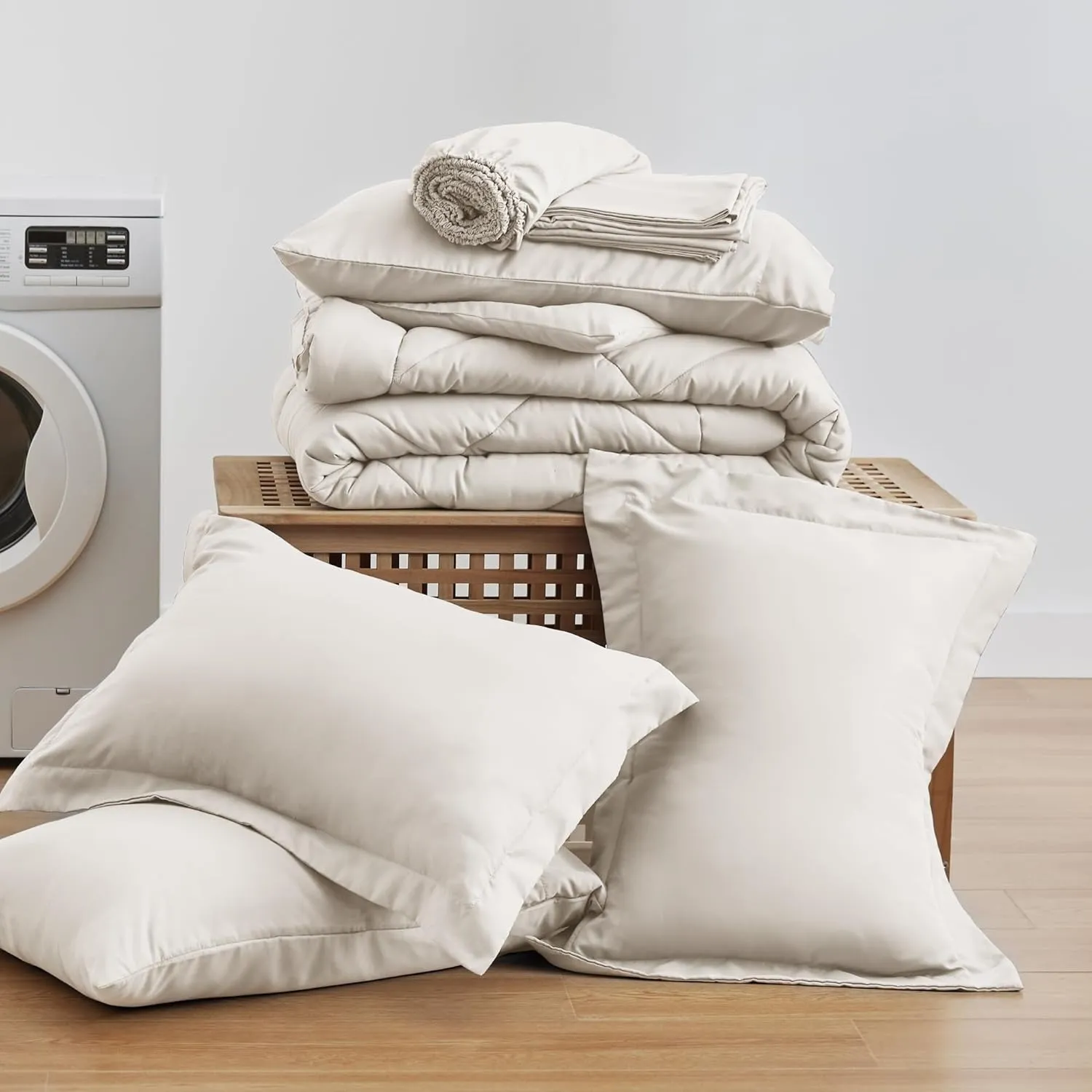 Love's cabin Queen Comforter Set Off White, 7 Pieces Queen Bed in a Bag, All Season Bedding Sets with 1 Comforter, 1 Flat Sheet, 1 Fitted Sheet, 2 Pillowcase and 2 Pillow Sham