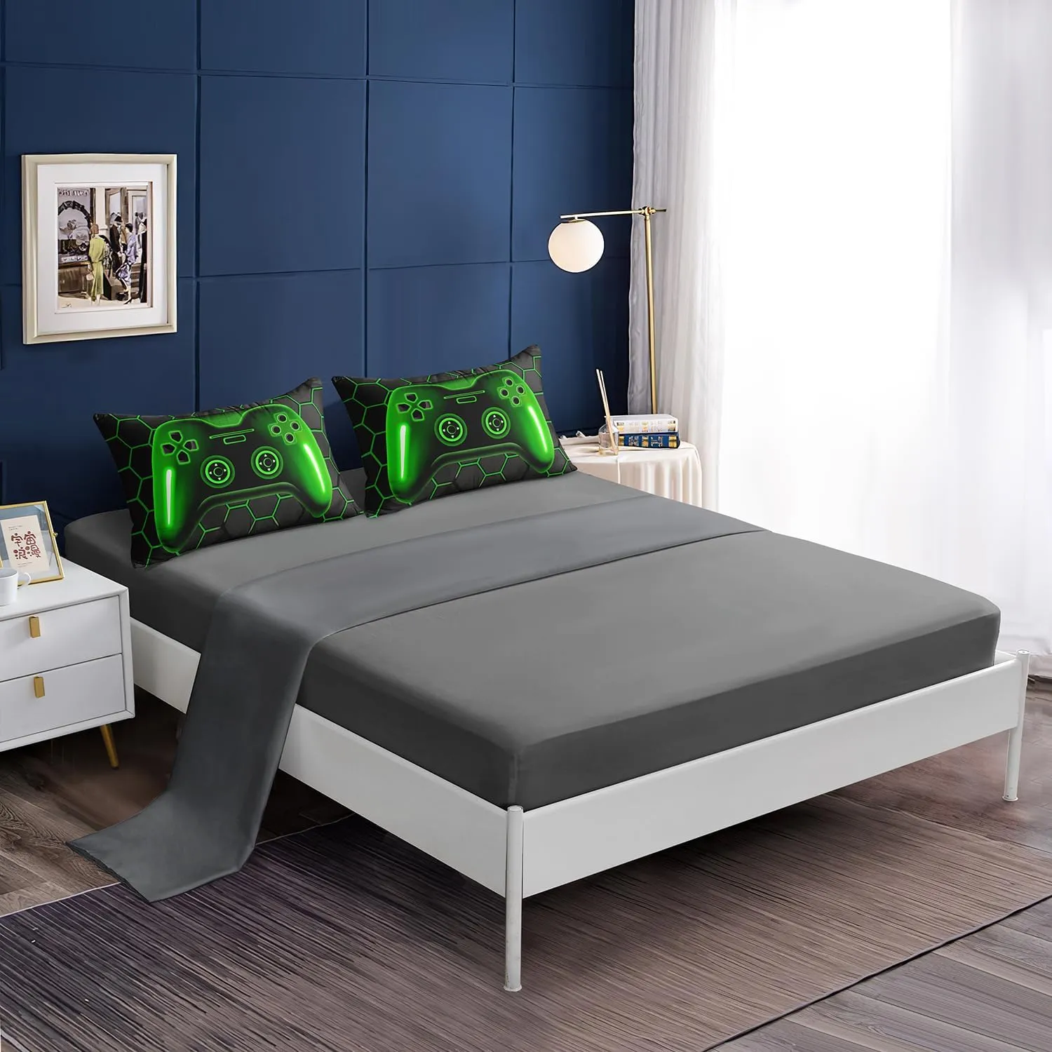 lris Bedding 5 Pieces Bed in a Bag for Boys Sets Twin Size,Gamer Comforter Kids, Gaming Set Room Decor with Flat Sheet,Fitted Sheet,Pillowcase,Cushion Cover, A34-green