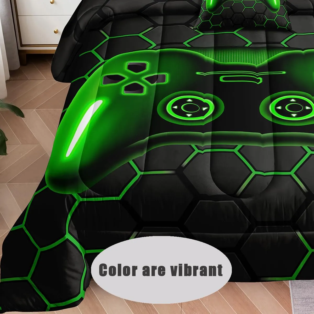 lris Bedding 5 Pieces Bed in a Bag for Boys Sets Twin Size,Gamer Comforter Kids, Gaming Set Room Decor with Flat Sheet,Fitted Sheet,Pillowcase,Cushion Cover, A34-green
