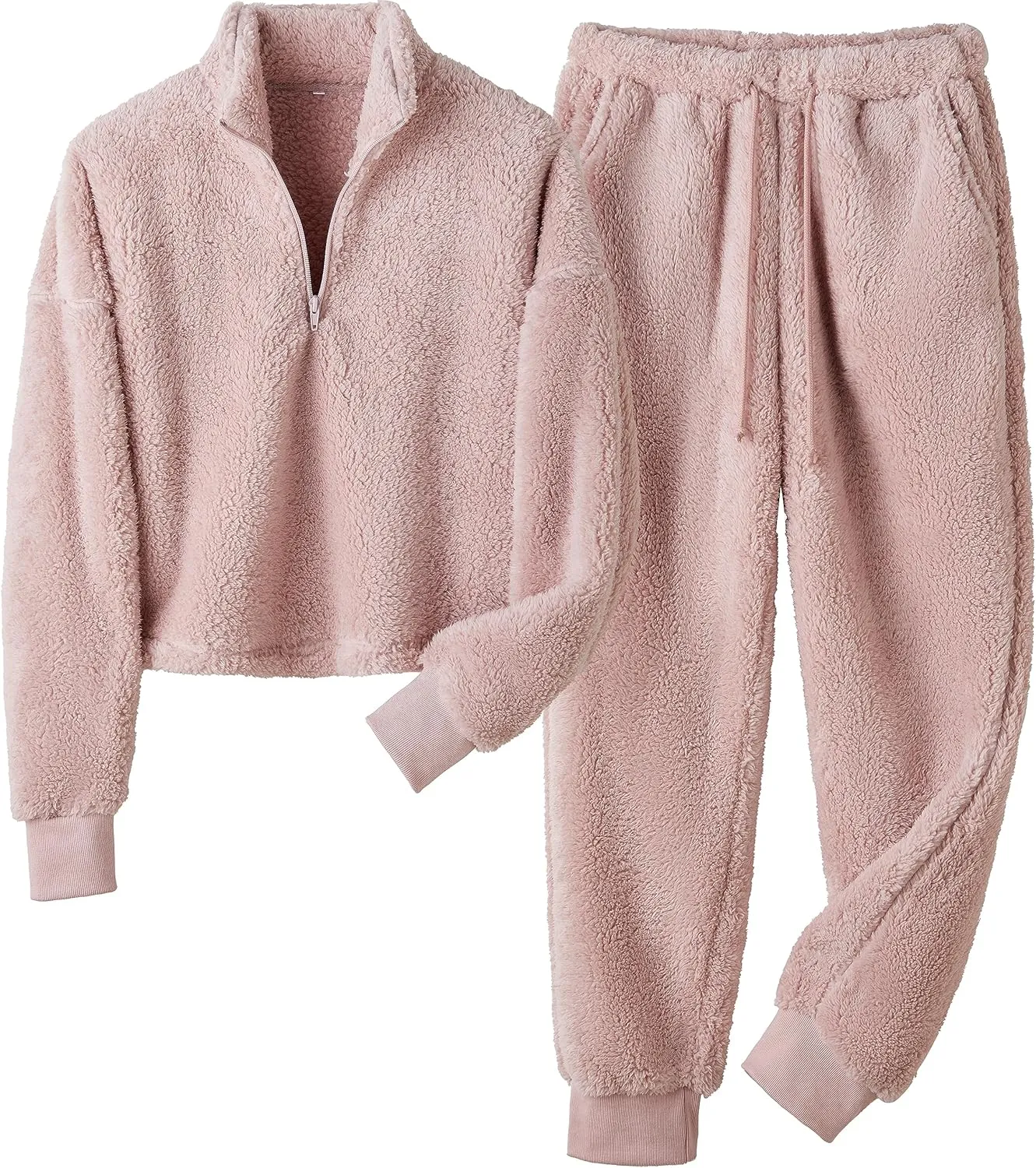 LTSCNRM Womens Fuzzy Pajamas Sets Lounge Fluffy Fleece Sleepwear Zip Up Pullover Pockets