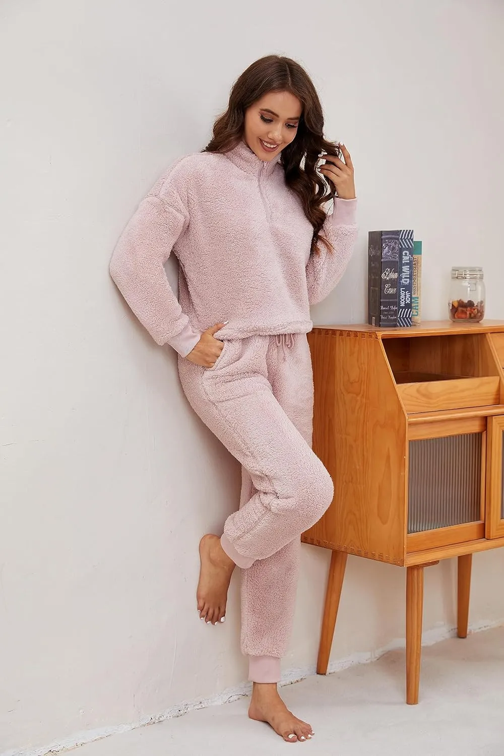 LTSCNRM Womens Fuzzy Pajamas Sets Lounge Fluffy Fleece Sleepwear Zip Up Pullover Pockets