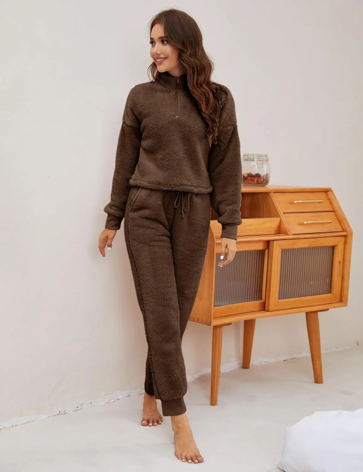 LTSCNRM Womens Fuzzy Pajamas Sets Lounge Fluffy Fleece Sleepwear Zip Up Pullover Pockets