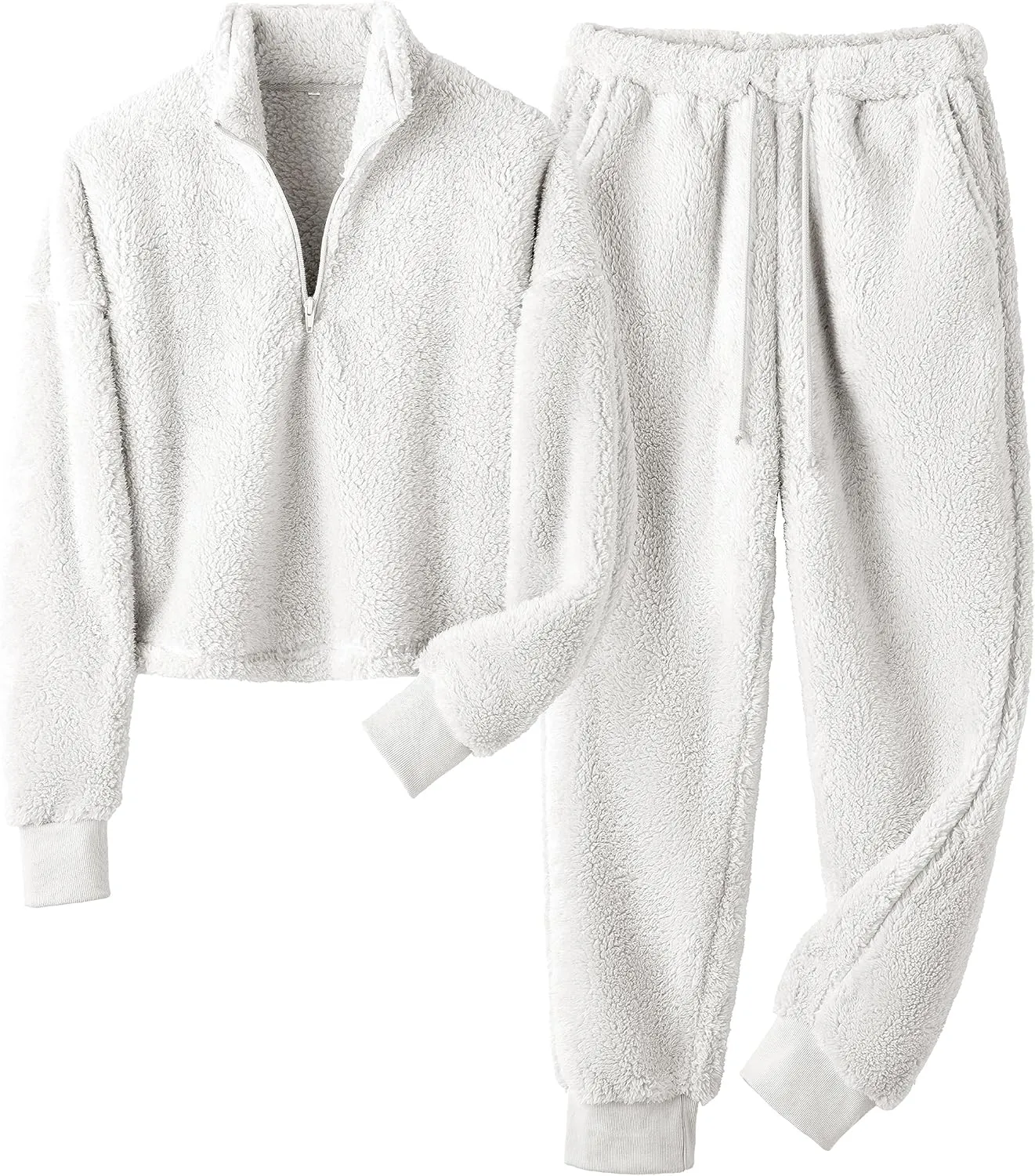 LTSCNRM Womens Fuzzy Pajamas Sets Lounge Fluffy Fleece Sleepwear Zip Up Pullover Pockets