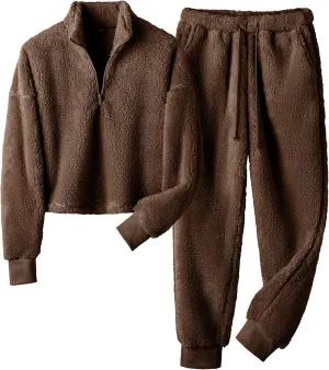 LTSCNRM Womens Fuzzy Pajamas Sets Lounge Fluffy Fleece Sleepwear Zip Up Pullover Pockets