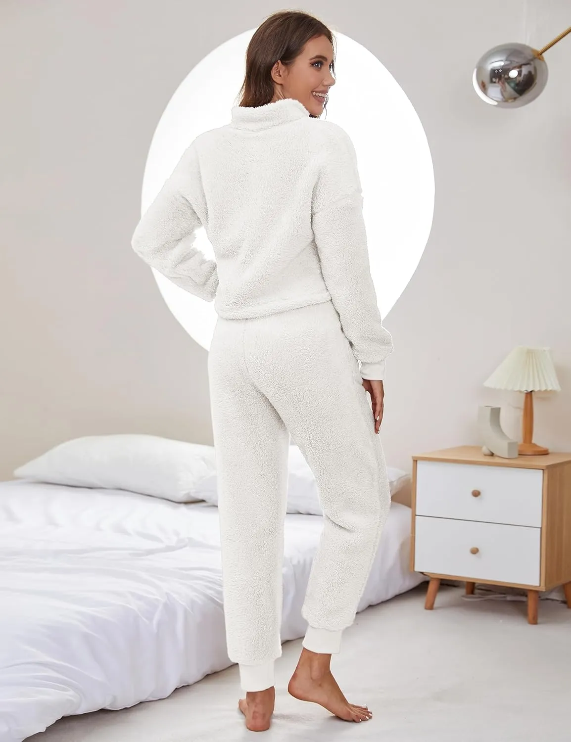LTSCNRM Womens Fuzzy Pajamas Sets Lounge Fluffy Fleece Sleepwear Zip Up Pullover Pockets