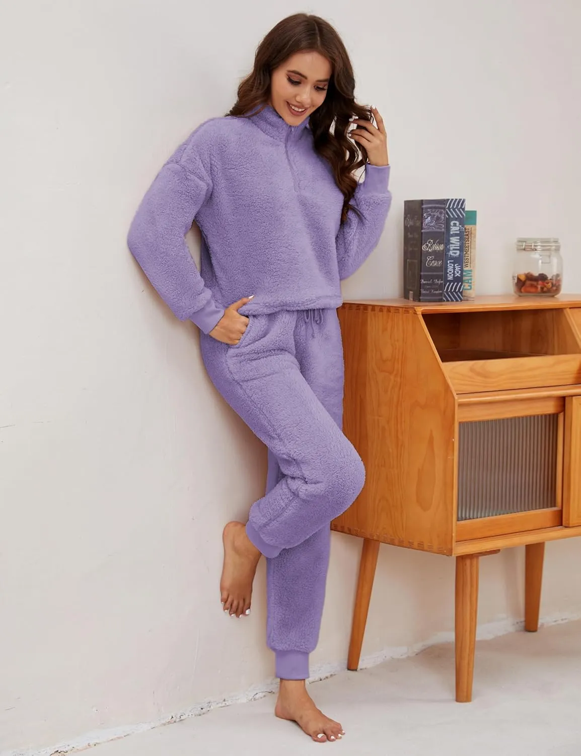 LTSCNRM Womens Fuzzy Pajamas Sets Lounge Fluffy Fleece Sleepwear Zip Up Pullover Pockets