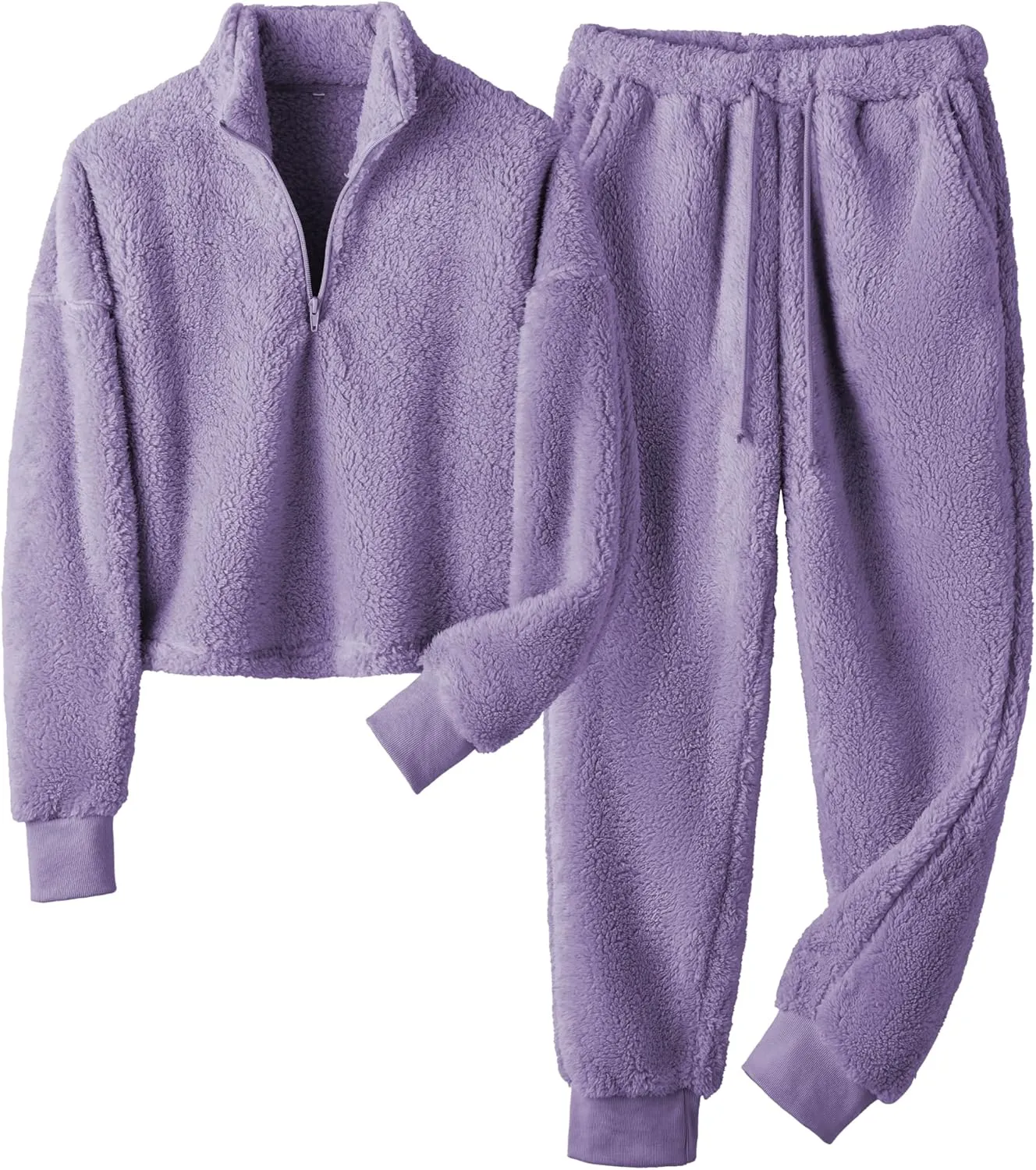 LTSCNRM Womens Fuzzy Pajamas Sets Lounge Fluffy Fleece Sleepwear Zip Up Pullover Pockets