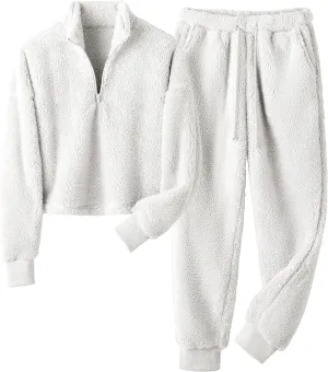 LTSCNRM Womens Fuzzy Pajamas Sets Lounge Fluffy Fleece Sleepwear Zip Up Pullover Pockets