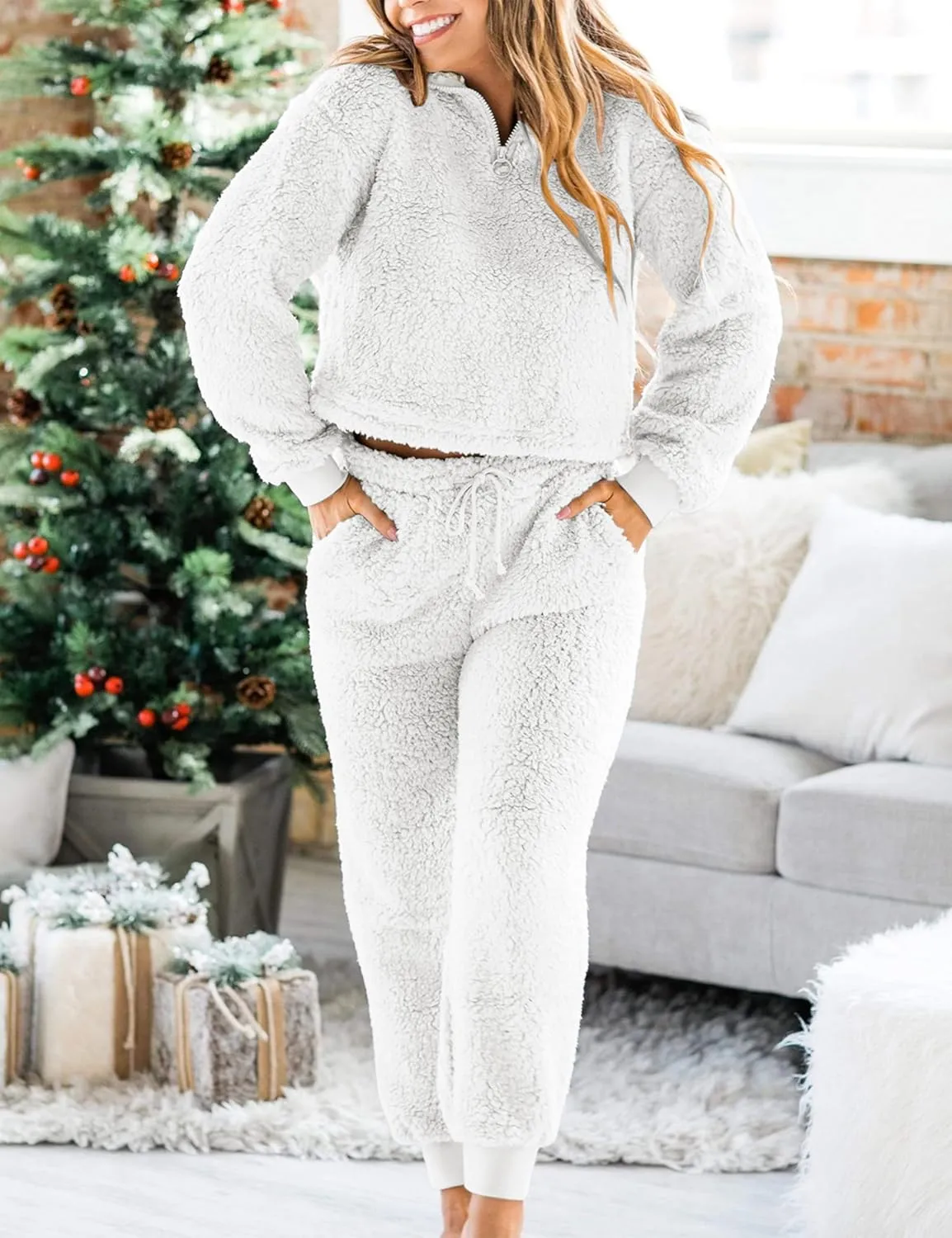 LTSCNRM Womens Fuzzy Pajamas Sets Lounge Fluffy Fleece Sleepwear Zip Up Pullover Pockets