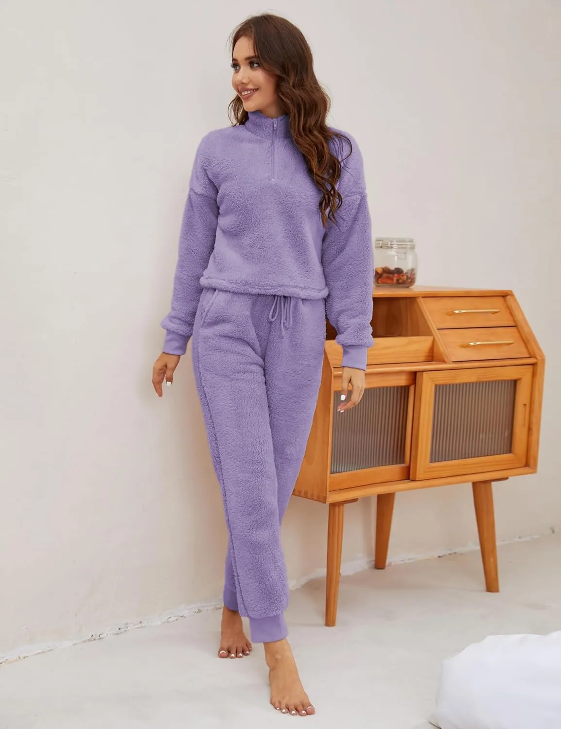 LTSCNRM Womens Fuzzy Pajamas Sets Lounge Fluffy Fleece Sleepwear Zip Up Pullover Pockets