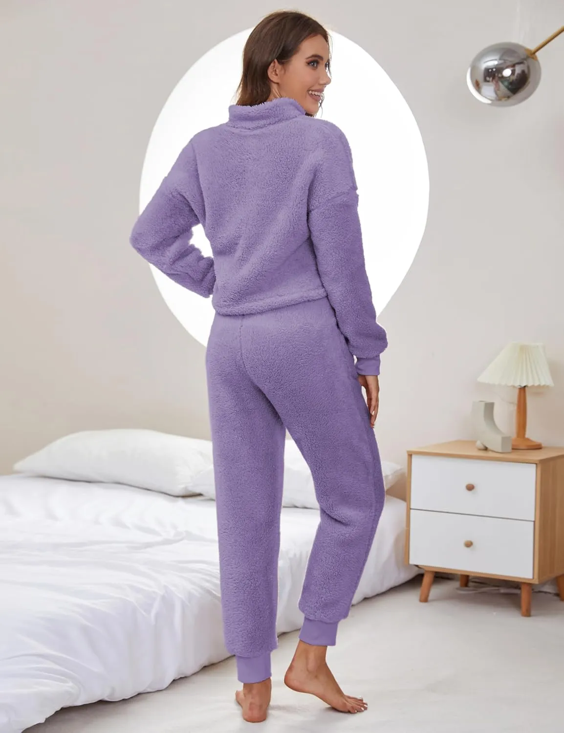 LTSCNRM Womens Fuzzy Pajamas Sets Lounge Fluffy Fleece Sleepwear Zip Up Pullover Pockets