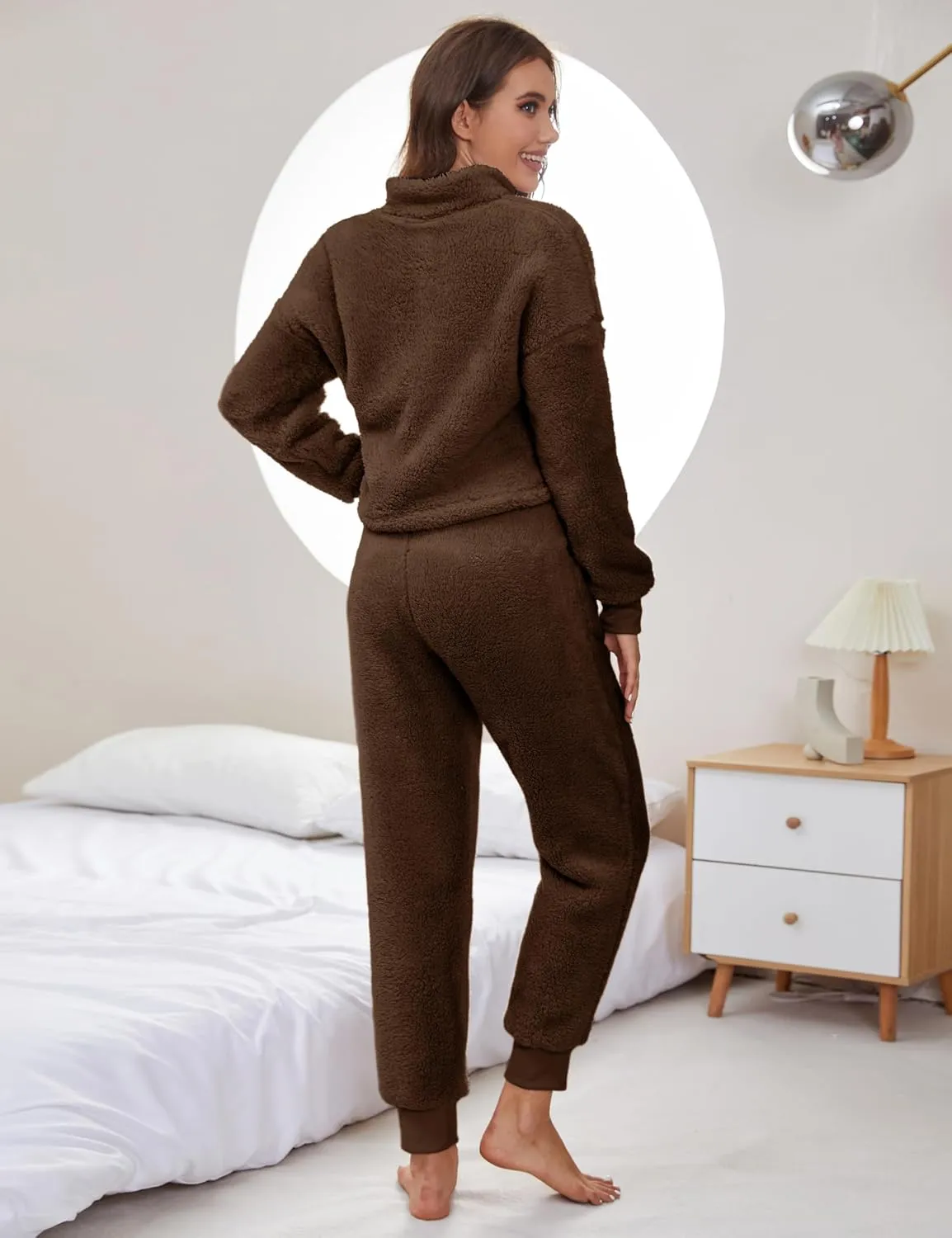 LTSCNRM Womens Fuzzy Pajamas Sets Lounge Fluffy Fleece Sleepwear Zip Up Pullover Pockets