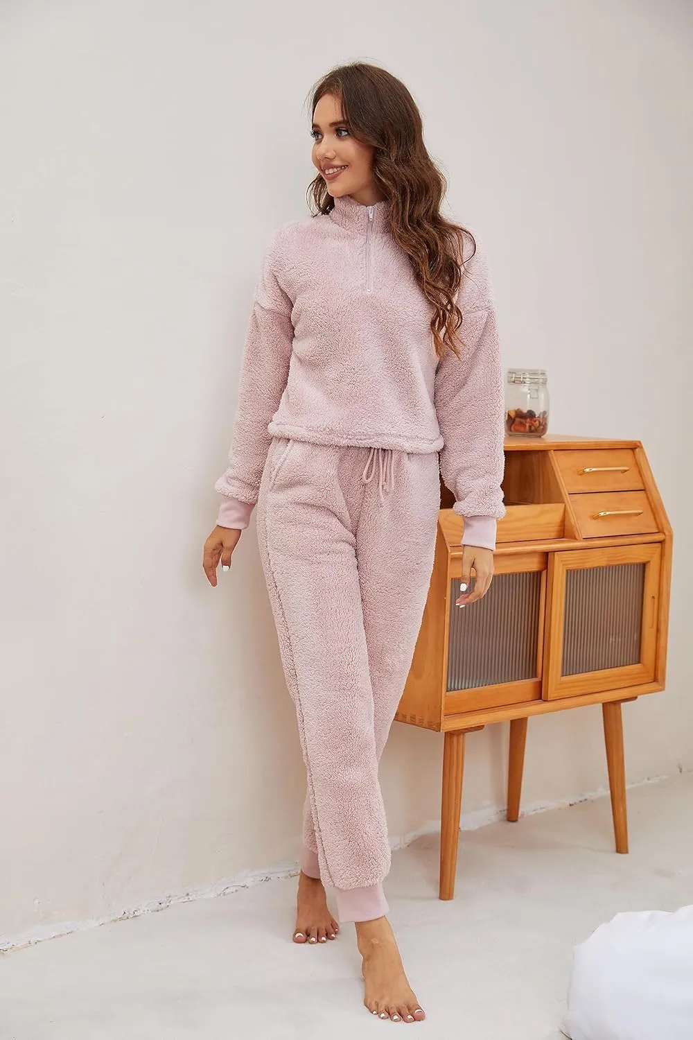 LTSCNRM Womens Fuzzy Pajamas Sets Lounge Fluffy Fleece Sleepwear Zip Up Pullover Pockets