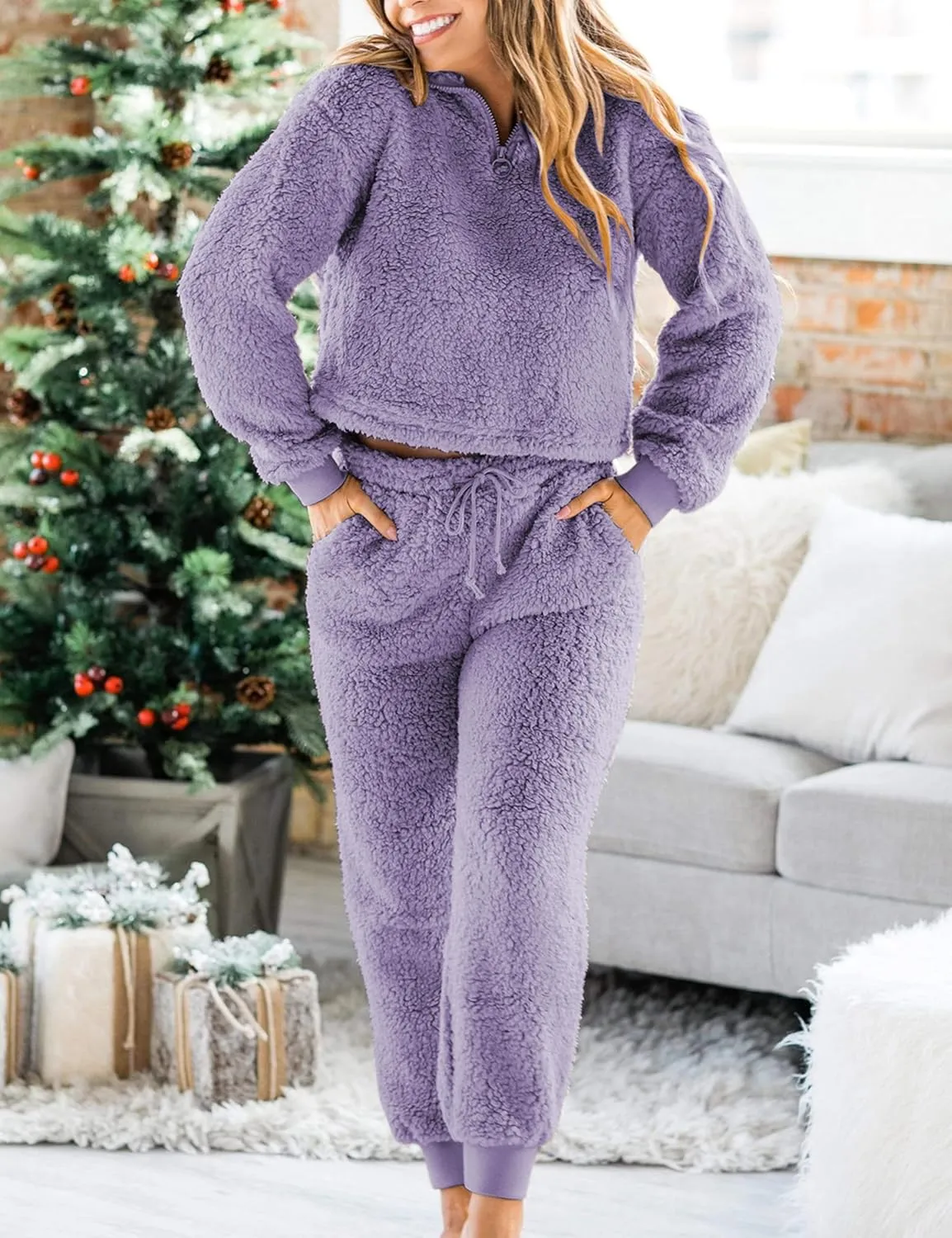 LTSCNRM Womens Fuzzy Pajamas Sets Lounge Fluffy Fleece Sleepwear Zip Up Pullover Pockets