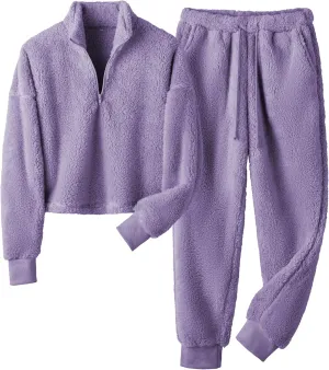 LTSCNRM Womens Fuzzy Pajamas Sets Lounge Fluffy Fleece Sleepwear Zip Up Pullover Pockets