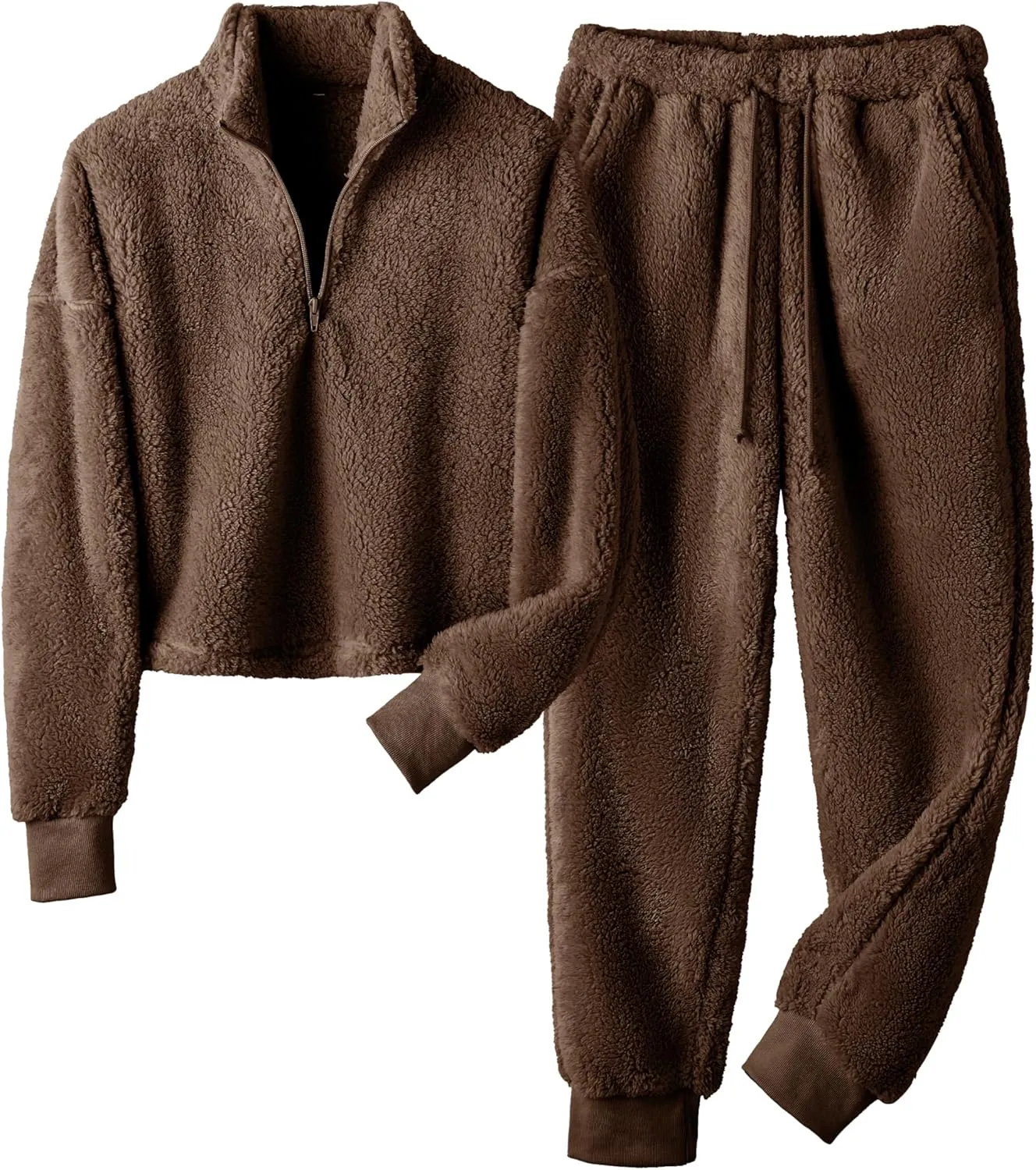 LTSCNRM Womens Fuzzy Pajamas Sets Lounge Fluffy Fleece Sleepwear Zip Up Pullover Pockets