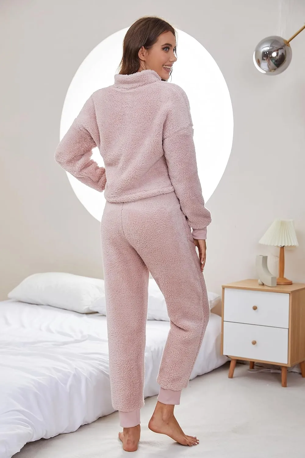 LTSCNRM Womens Fuzzy Pajamas Sets Lounge Fluffy Fleece Sleepwear Zip Up Pullover Pockets