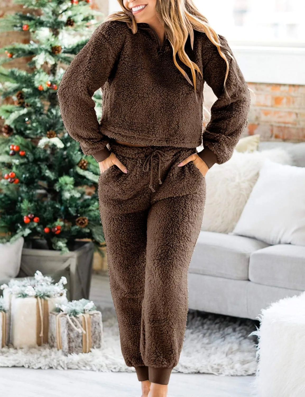 LTSCNRM Womens Fuzzy Pajamas Sets Lounge Fluffy Fleece Sleepwear Zip Up Pullover Pockets