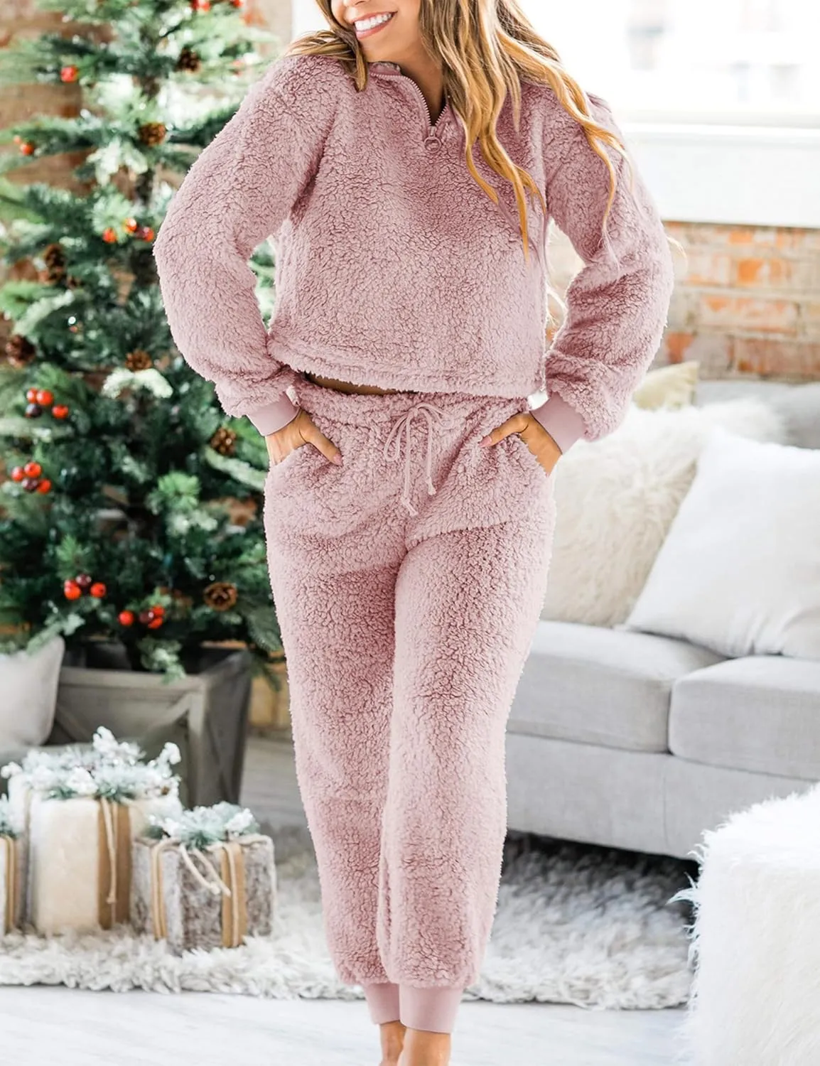 LTSCNRM Womens Fuzzy Pajamas Sets Lounge Fluffy Fleece Sleepwear Zip Up Pullover Pockets