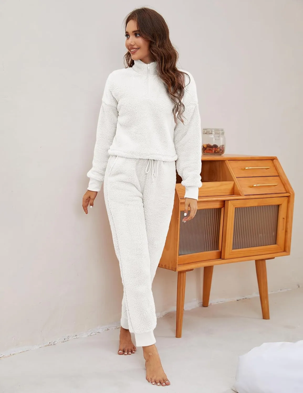 LTSCNRM Womens Fuzzy Pajamas Sets Lounge Fluffy Fleece Sleepwear Zip Up Pullover Pockets