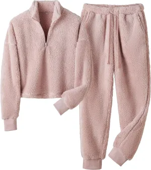 LTSCNRM Womens Fuzzy Pajamas Sets Lounge Fluffy Fleece Sleepwear Zip Up Pullover Pockets