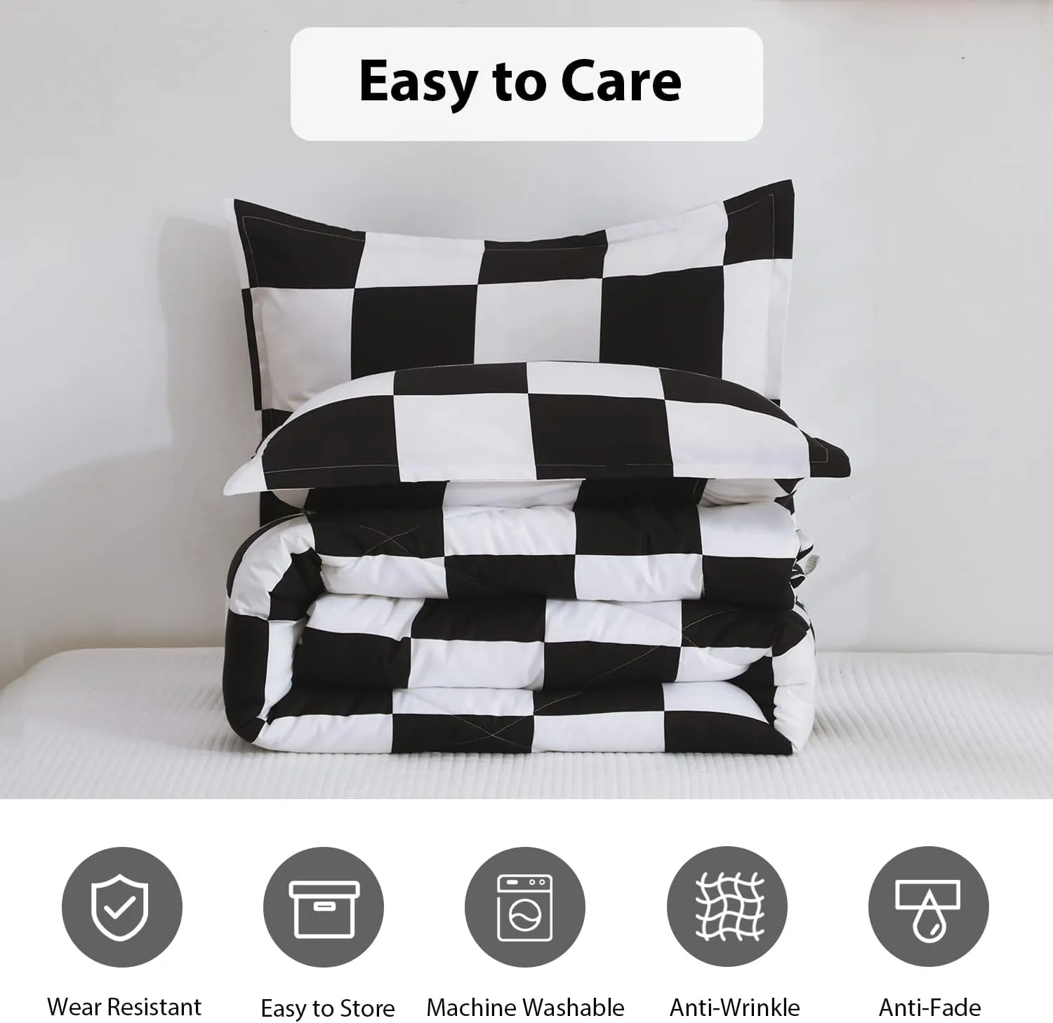 LUCKYBULL Comforter Set Twin Bedding Set Fluffy Black Plaid Down Alternative Comforter, Checkered Soft Textured Comforter with 1 Pillowcase All Seasons, Black and White 2 Piece