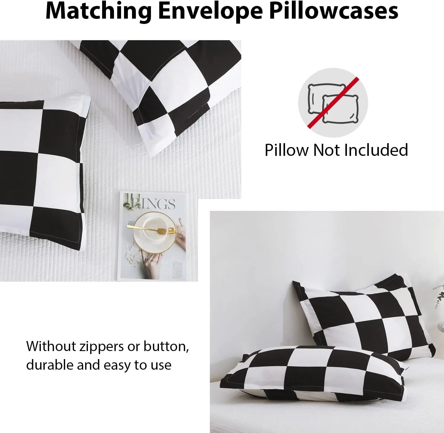 LUCKYBULL Comforter Set Twin Bedding Set Fluffy Black Plaid Down Alternative Comforter, Checkered Soft Textured Comforter with 1 Pillowcase All Seasons, Black and White 2 Piece