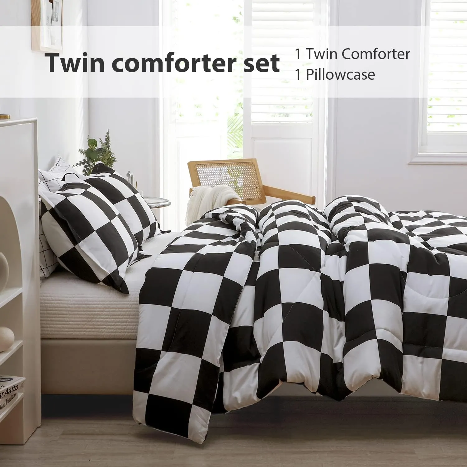 LUCKYBULL Comforter Set Twin Bedding Set Fluffy Black Plaid Down Alternative Comforter, Checkered Soft Textured Comforter with 1 Pillowcase All Seasons, Black and White 2 Piece